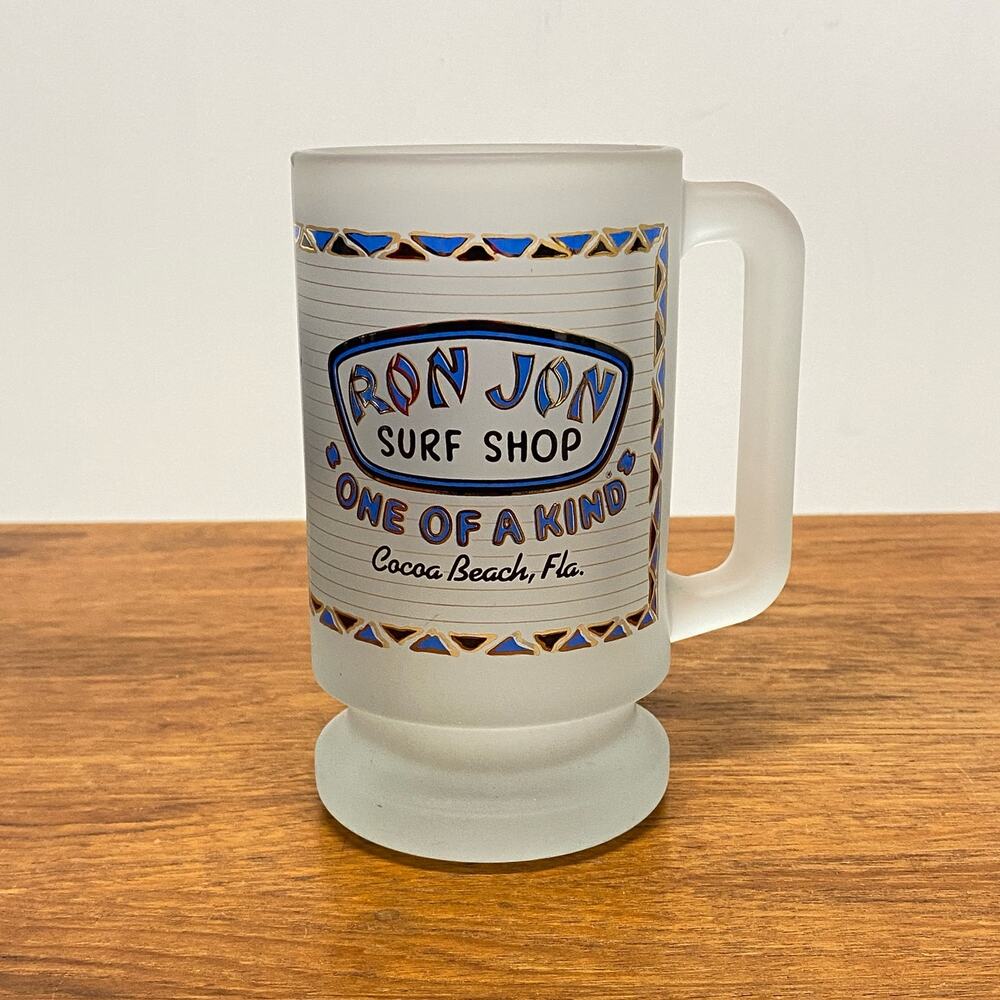 Ron Jon Surf‎ Shop Frosted Glass Beer Mug Cocoa Beach Florida Souvenir Stein USA